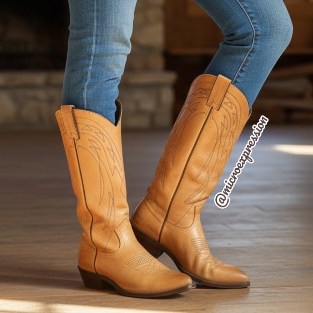$399 Frye Billy Pull On Tan Leather Embroidered Tonal Stitch Tall Cowboy Boots - Picture 16 of 16